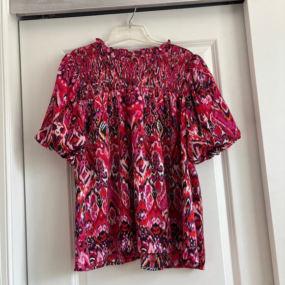 TCEC Fuchsia Printed Smocked Top Sz 1X Vibrant Career Office Colorful Pink - Picture 2 of 9